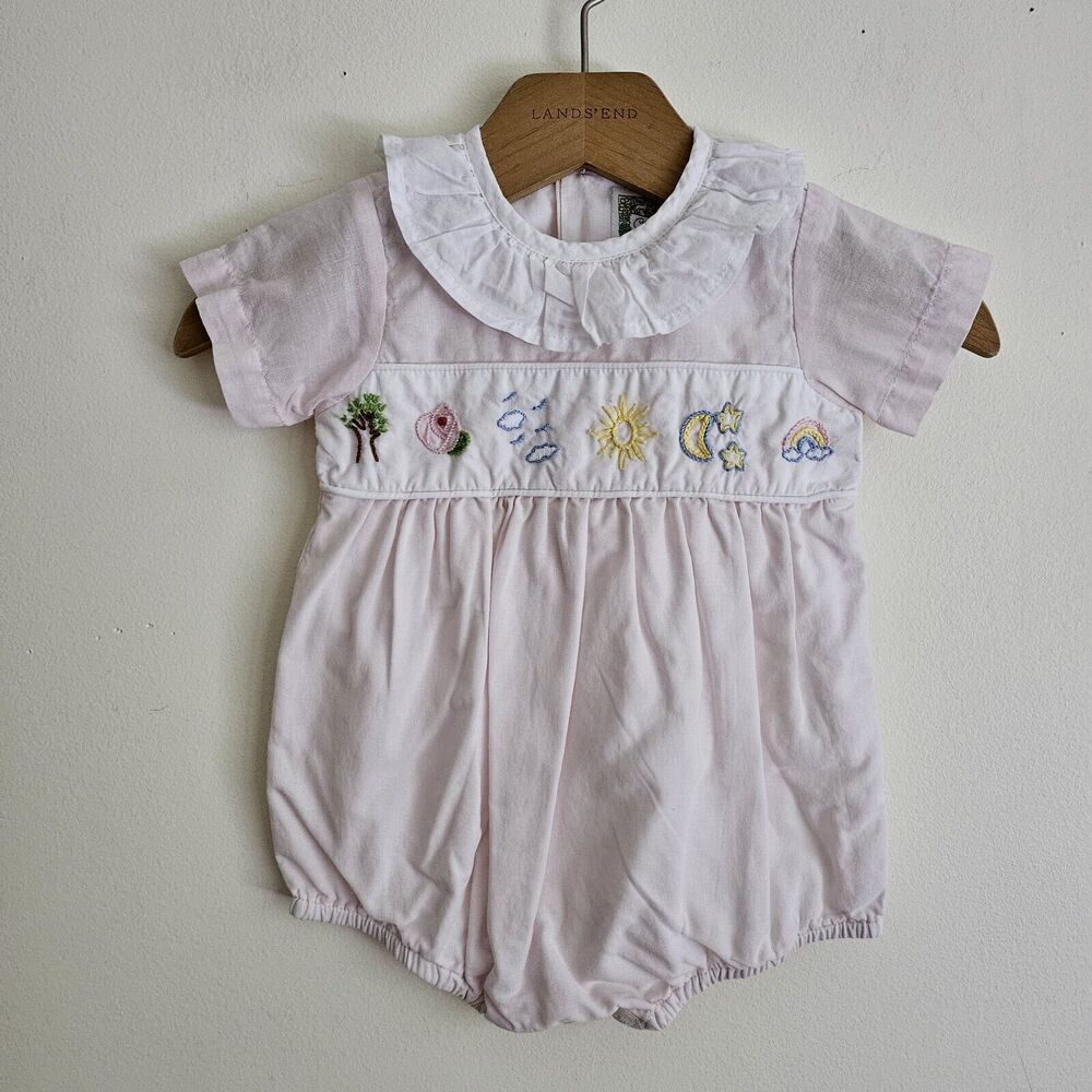 Christian Elizabeth Nature Emboroided Baby 9 month Romper With Ruffle Collar.
